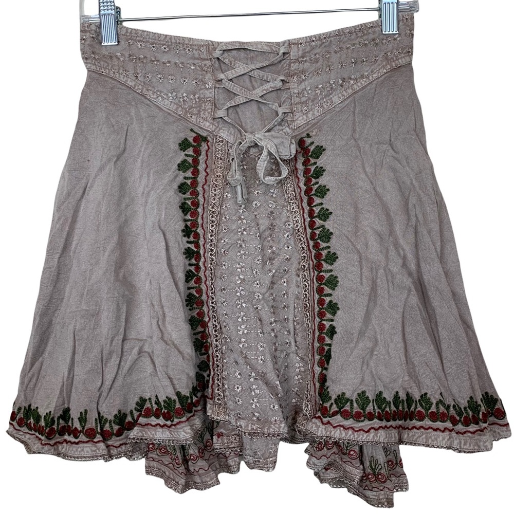 Shoreline Boho Festival Embroidered Hippie Corset Waist High Low Mini Skirt OS